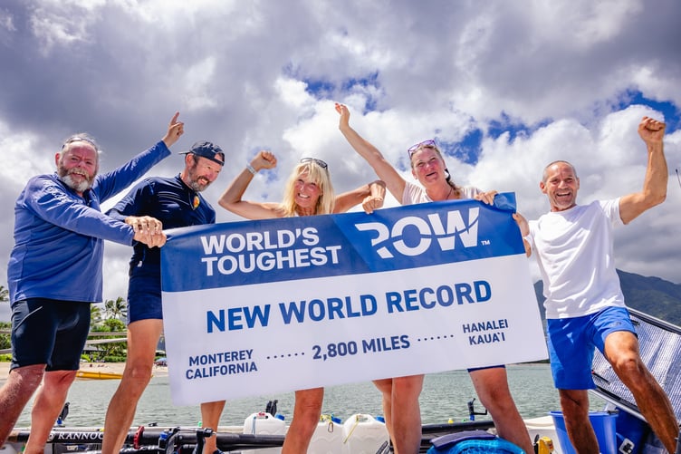 Credit World's Toughest Row: Flying Fish, the first ever team of five to row the mid-Pacific, completed the World's Toughest Row - Pacific 2023 and set a new World Record. Crew member Huw Carden also set a record for the oldest person to cross the mid-Pacific aged 63. The team, also including Andy Warner, Elaine Theaker, Alison Wannell and Neil Blackeby rowed 2,800 miles across the Pacific Ocean in in 55 days, 5 hours and 44 minutes.