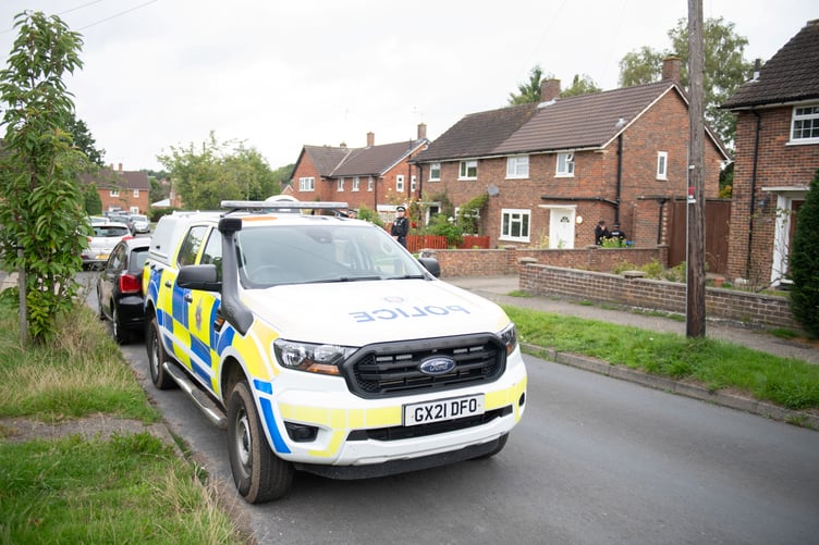 Police outside an address on Hammond Road, Woking, August 10, 2023