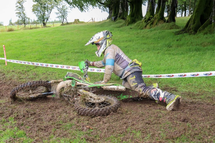 Slippery conditions caught out a few riders on the grassy field special test