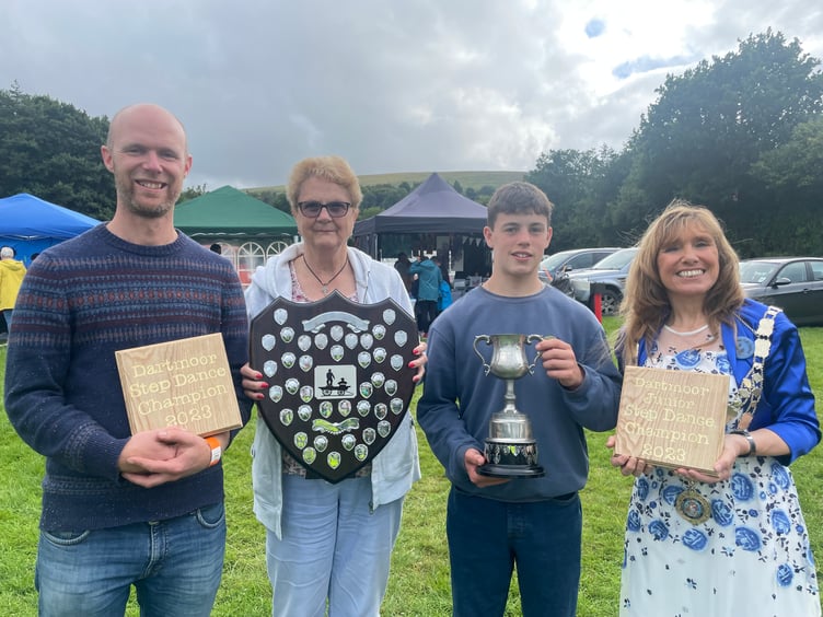 From left, the Dartmoor Step Dance winner Matt Norman, with president Shirley Bazeley, Junior Step Dance winner Stanley Frangleton and the Mayor of West Devon, Cllr Lyn Daniels.  AQ 4386