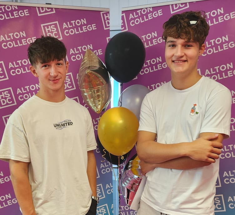 Matthew Cooke and Morris Pagett celebrate their results at Alton College, August 17th 2023.