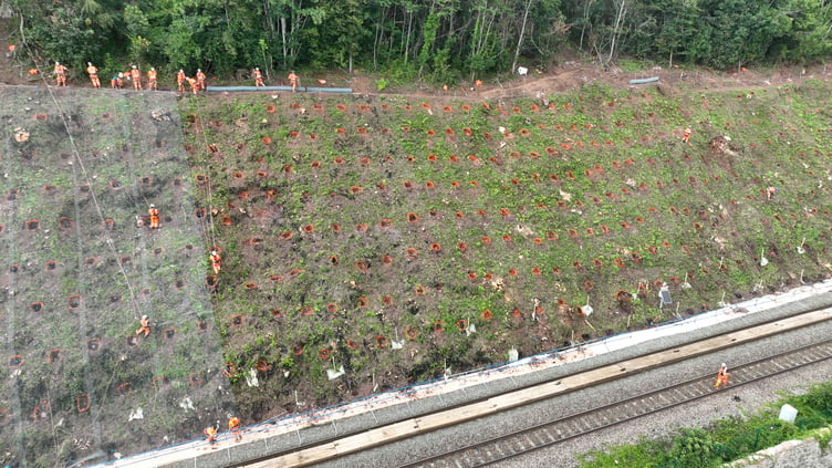 Soil nails being put in place by ropes access teams
