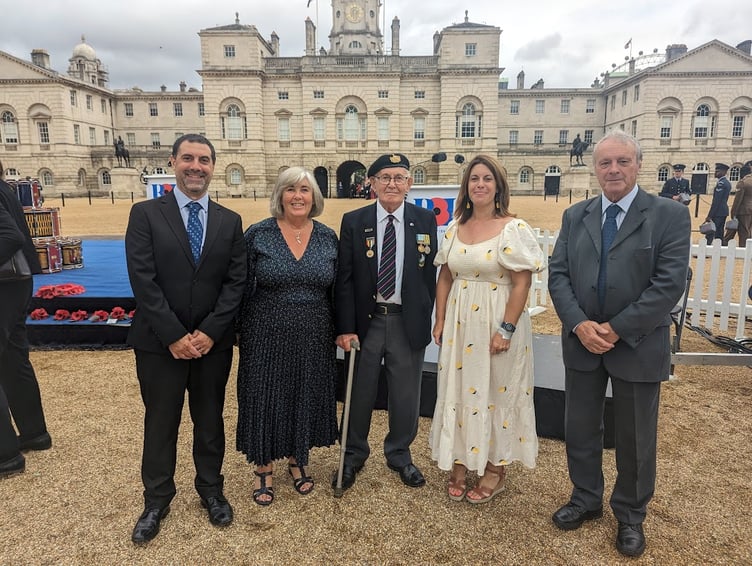After the ceremony at Horse Guards in London. Left to right James Measey (grandson), Heather Measey (daughter), Maurice Bradshaw, Kelli Jenkins (grand daughter), David Measey (son in law)