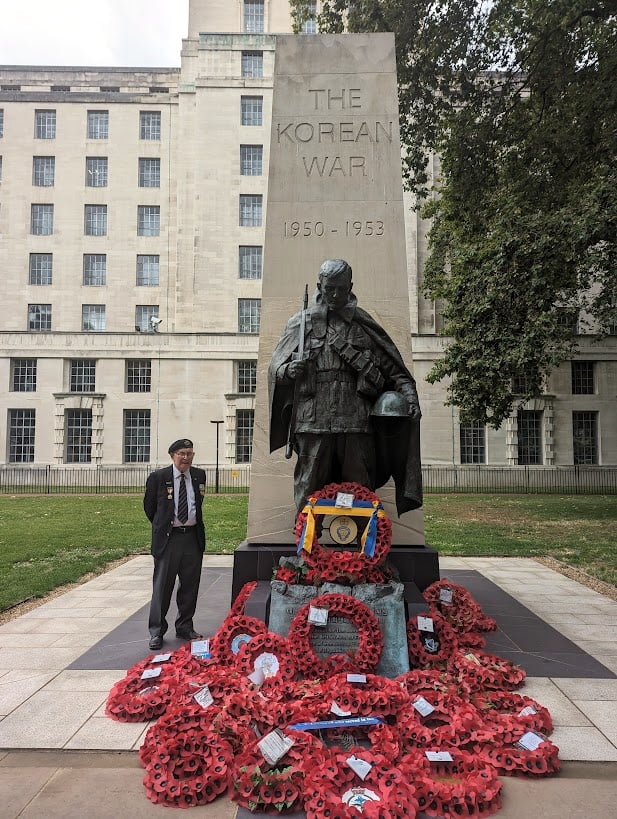 Maurice stood at the Korean War memorial, Embankment Gardens in London