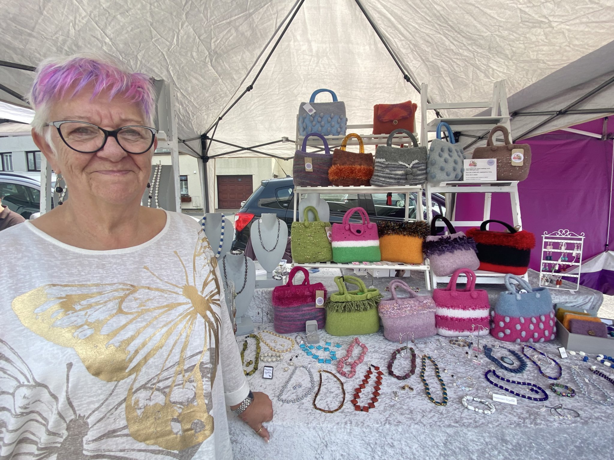 Barbara Holland of Racey Ladies Designs with her display of handknitted and felted handbags Photo: Jackie Darbyshire