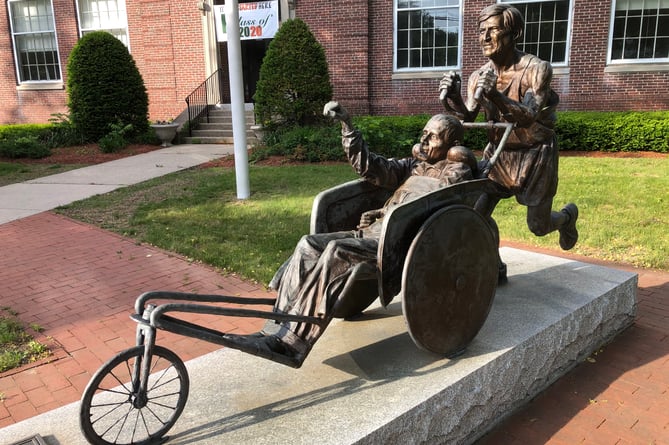 The statue of the Hoyts near the start of the Boston Marathon in Massachusetts