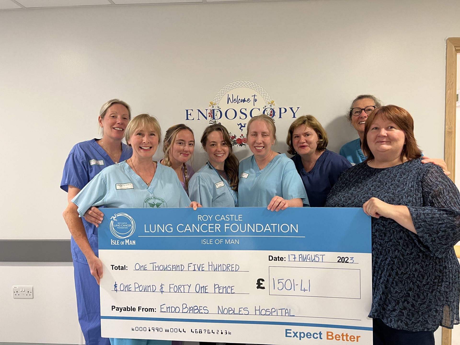 The endoscopy nurses handed over a cheque to Trudi Hudson from the Roy Castle Lung Cancer Foundation Isle of Man