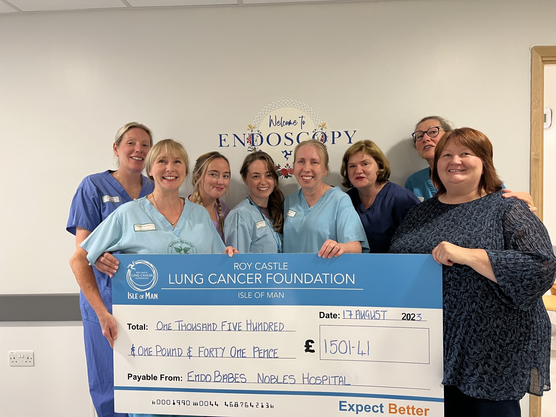 The endoscopy nurses handed over a cheque to Trudi Hudson from the Roy Castle Lung Cancer Foundation Isle of Man