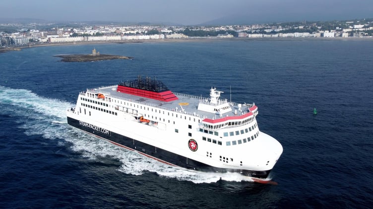 Isle of Man Steam Packet Company vessel Manxman III leaves Douglas harbour on its first scheduled passenger sailing -