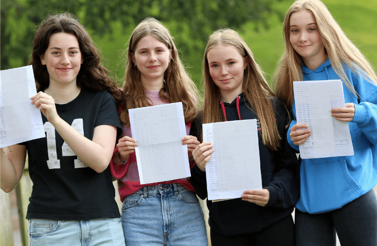 L to R Ffion Sims 12 A*/A, Flora Hamilton 12A*/A, Erin Higgins 12A*/A, Manon Higgins 12A*/A