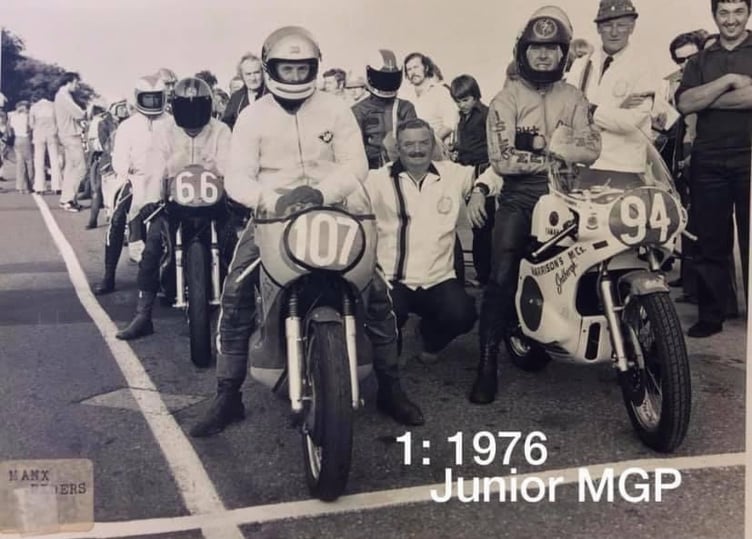 A practice line-up of locals for the 1976 Manx Grand Prix: (107) David Cretney, (94) Danny Shimmin, (66) Ralph Crellin. Behind him Dick Cassidy, behind start/finish official Billy Boak is Ronnie Russell