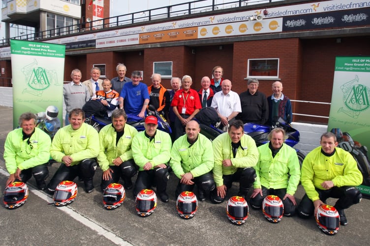 Pictured prior to the 2009 MGP travelling marshals past and present. Back row left to right: Neil Kelly, George Short, Chris Fargher, Bob Dowty, Jimmy Creer, Keith Trubshaw, Des Evans, Kipper Killip, George Costain, Brett Gaites, Jimmy Lynskey, Goo Owen, Frank Fox.
Front row left to right: Ned Bowers, Paul Hunt, Jim Hunter, Norman Kneen, Ian McVeighty, Dean Harrison, Dick Cassidy, Tony Duncan.