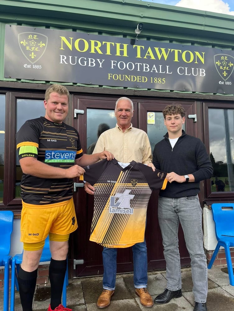North Tawton RFC Captain and Chairman James Miller, left, receiving the First Team’s new strip from representatives from sponsors, Lamisell.
(28-8-23)