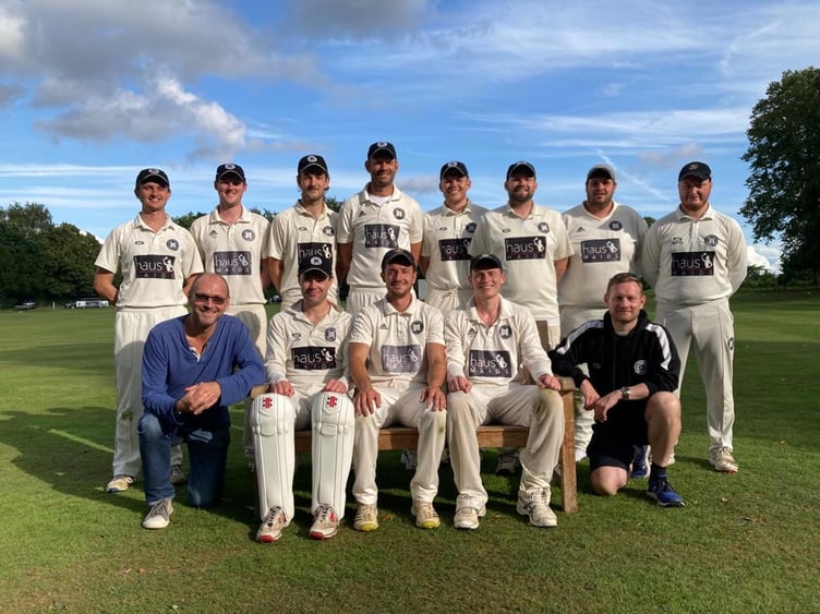 Farnham Cricket Club’s 2023 first XI team photo. Top row (left to right): Tom Flack, Tom Grimes, Brady Poole, Guy Hicks, Adam Elstow, Jake Henderson, Rob Goldsworthy, Russell Golding. Bottom right (left to right): Alan Thorpe (coach), Jamie Strachan, James Berry (captain), Nathan Thorpe, Neil French (scorer)
