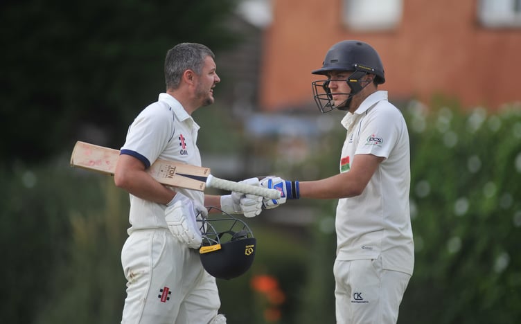 Devon Cricket League D Division West. Chelston & Kingskerswell versus South Devon. One out, one in. C&K's Ollie McManus and Jacob Keany.