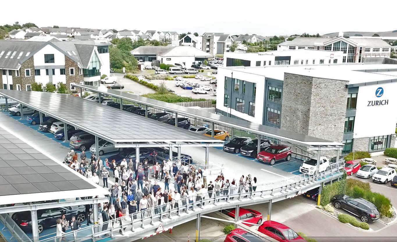 An aerial shot showing Zurich House and the solar panels on the roof of the office’s car park.