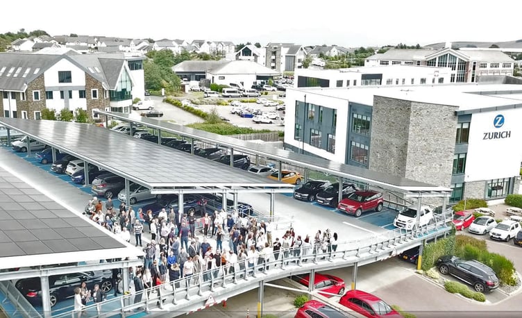 An aerial shot showing Zurich House and the solar panels on the roof of the office’s car park.