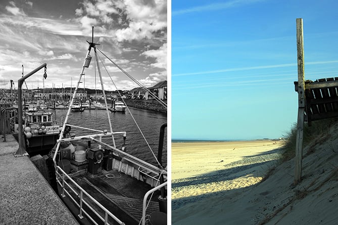 Two of Margaret Pugnet's photos: Aberystwyth Marina, captured in black and white, and at the edge of the sand dunes on a walk between Tywyn and Aberdyfi