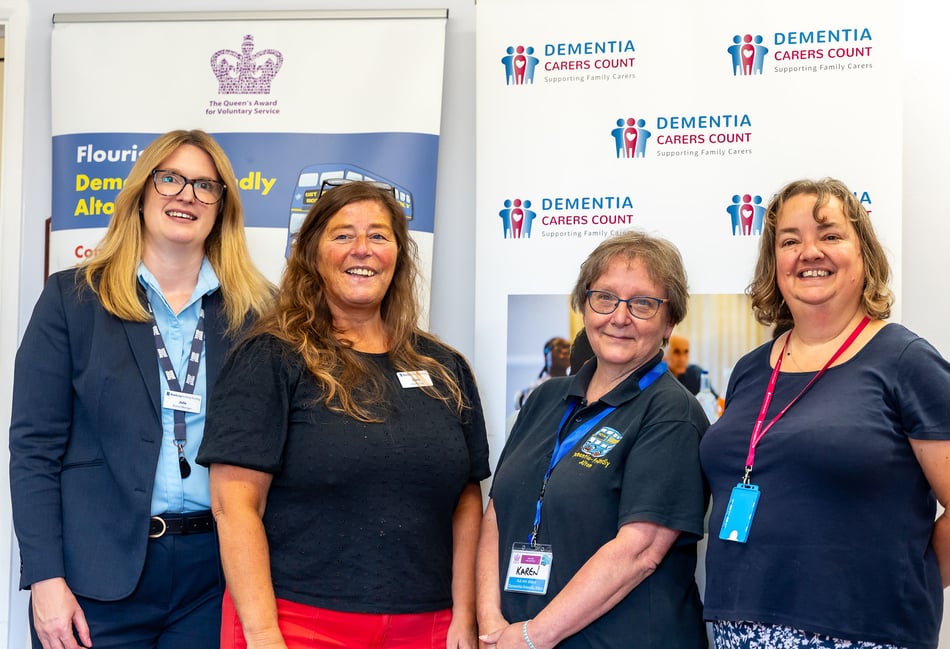 <p>From left: Julie Harness and Clare Taylor from the Newbury Building Society, Karen Murrell from Dementia-friendly Alton and Kate Legg of Dementia Carers Count celebrate the news</p>