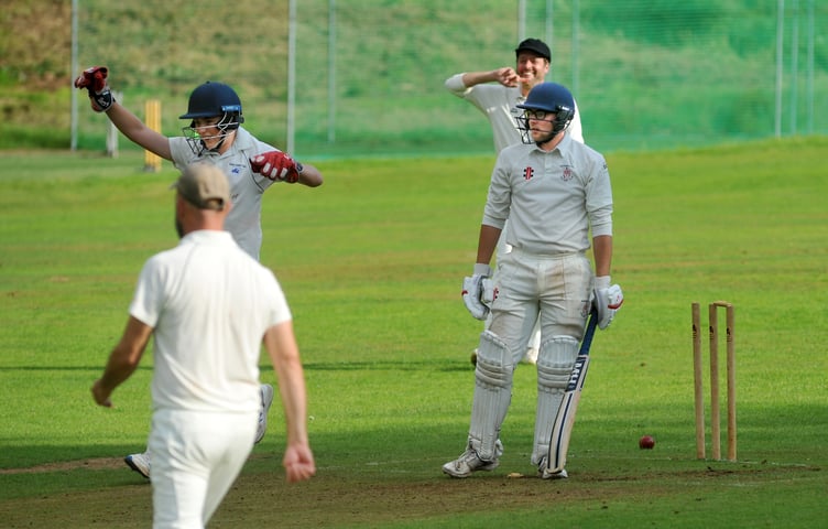 Devon Cricket League League D Division West. Kenn versus Hatherleigh. Hatherleigh's Cameron Rowlands is bowled by Evan Conway