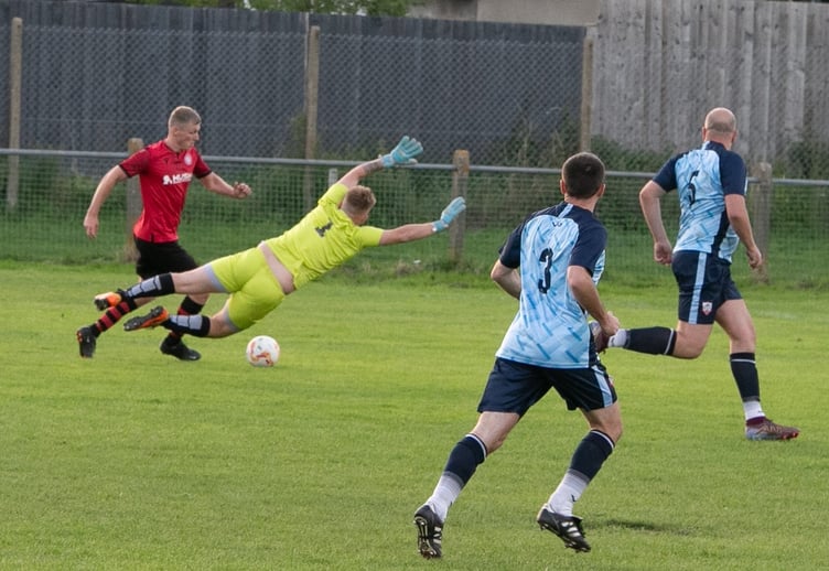 Rhys Meadows zeros in on goal. Photo: CLIVE HARRY.