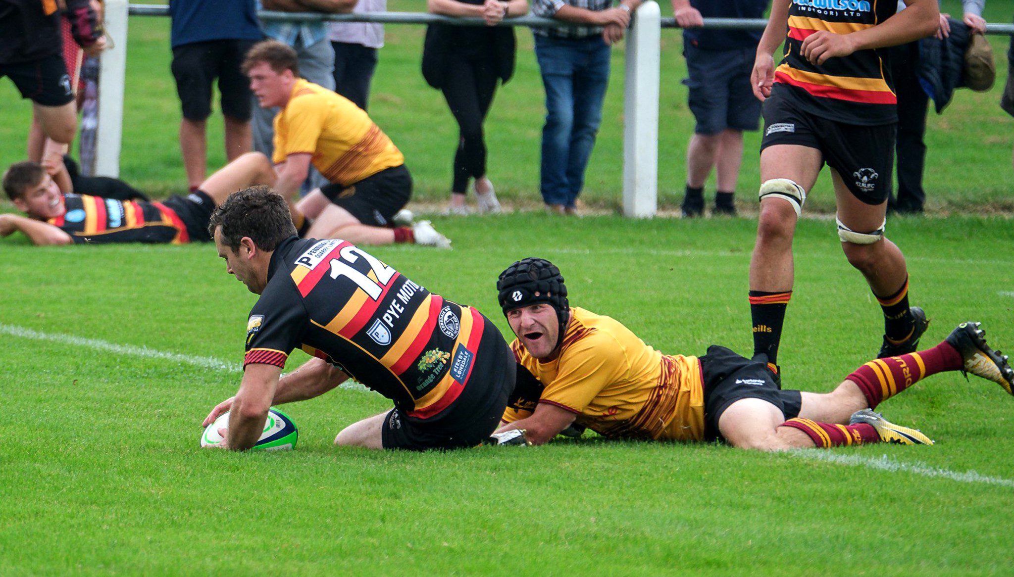 Douglas RUFC player Brett Pyke hauls down a Kirkby Lonsdale opponent during the weekend’s Regional Two North West clash (Photo: Tim Hancock)