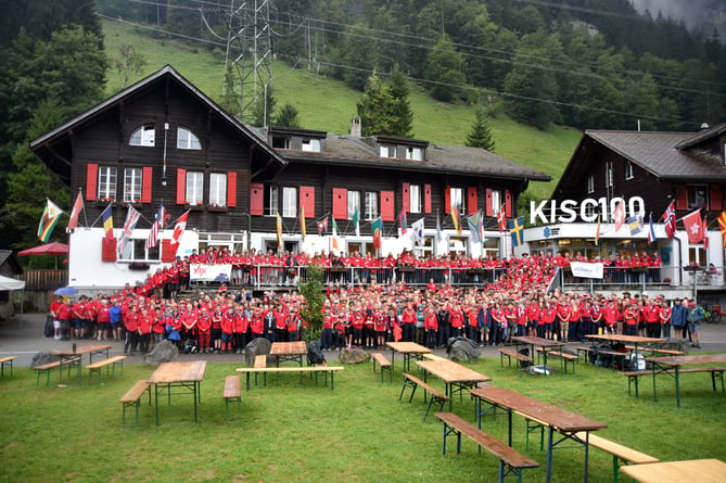 Surrey Scouts outside the Kandersteg International Scout Centre (KISC) in Kandersteg, Switzerland