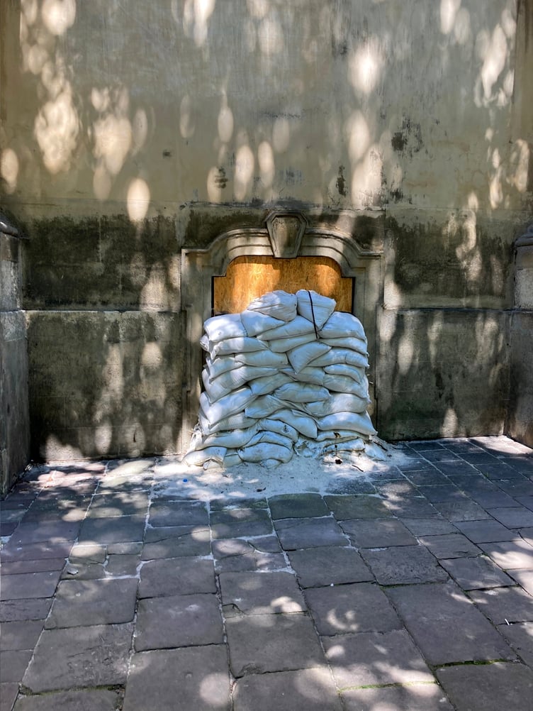Sandbags protecting buildings in Lviv