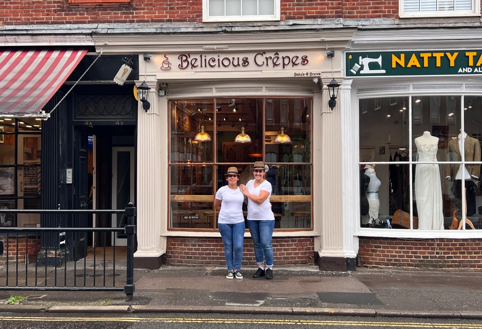 <p>Nina and Koula outside their B'elicious creperie in South Street, Farnham</p>