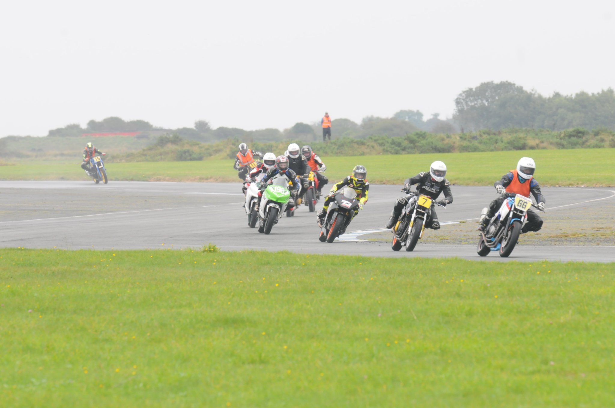 Sam Bowers leads CB500 champion Cameron Brown, Alex Galloway and Lightweight class champion Brian Moffitt in the combined Lightweight, Singles and CB500 race at Jurby Motordrome on Sunday afternoon (JW)