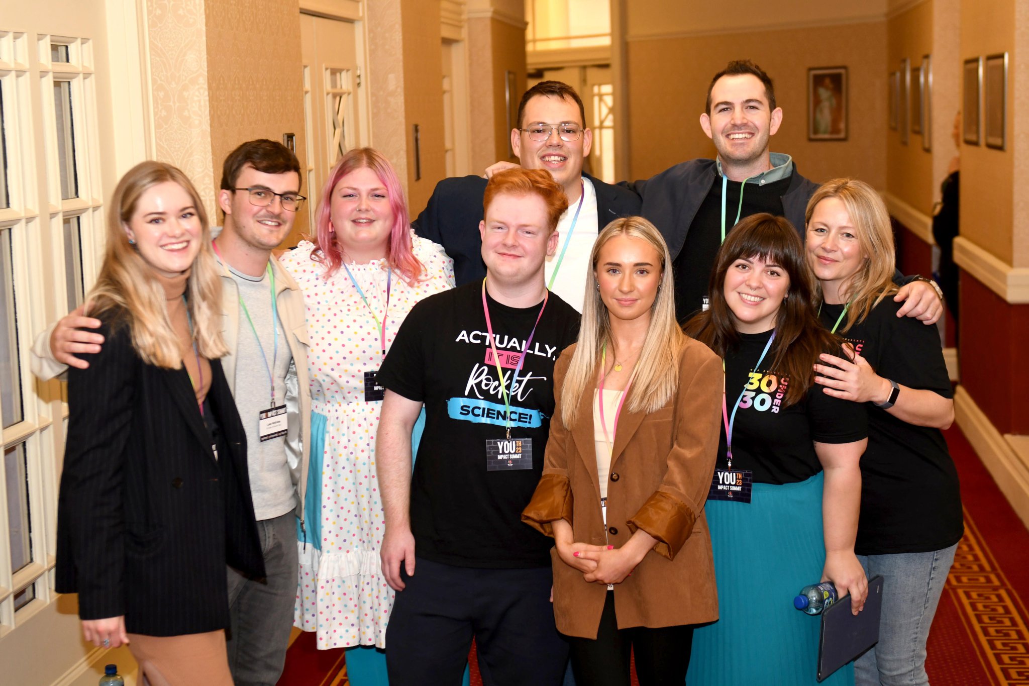 Gef 30 Under 30 ‘Young Inspirational Islanders’ panel at the Youth Summit, part of the 2023 Isle of Man Government Conference - left to right: Eve Aycock, Luke McKinley, Ruby Biscoe Taylor, Adam Drummond (front), Nick Collins (back), Emily Todd, Dominic Wall, Kim Graziano, Sam Jones