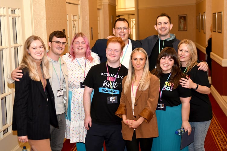 Gef 30 Under 30 ‘Young Inspirational Islanders’ panel at the Youth Summit, part of the 2023 Isle of Man Government Conference - left to right: Eve Aycock, Luke McKinley, Ruby Biscoe Taylor, Adam Drummond (front), Nick Collins (back), Emily Todd, Dominic Wall, Kim Graziano, Sam Jones