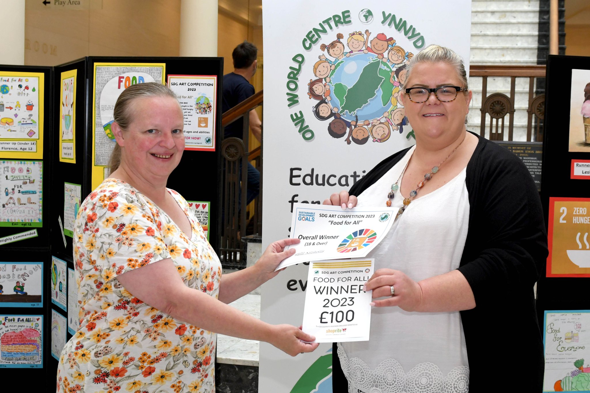 A display of the winning entries from the One World Centre’s ‘Food For All’ art competition, inspired by the UN’s Sustainable Development Goals (SDG) - pictured is Gill Nichols, winner of the 18 and over category