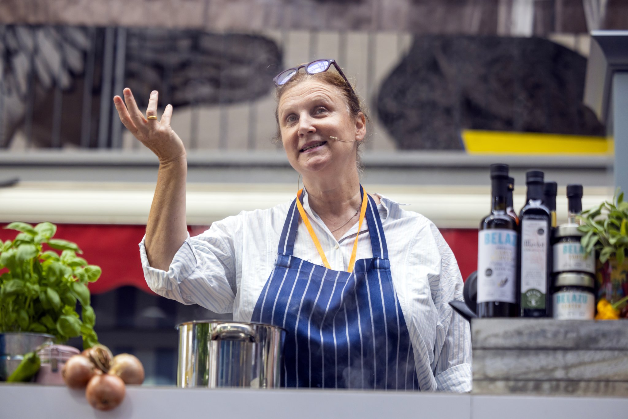 Michelin-starred chef Angela Hartnett OBE on the market hall stage.