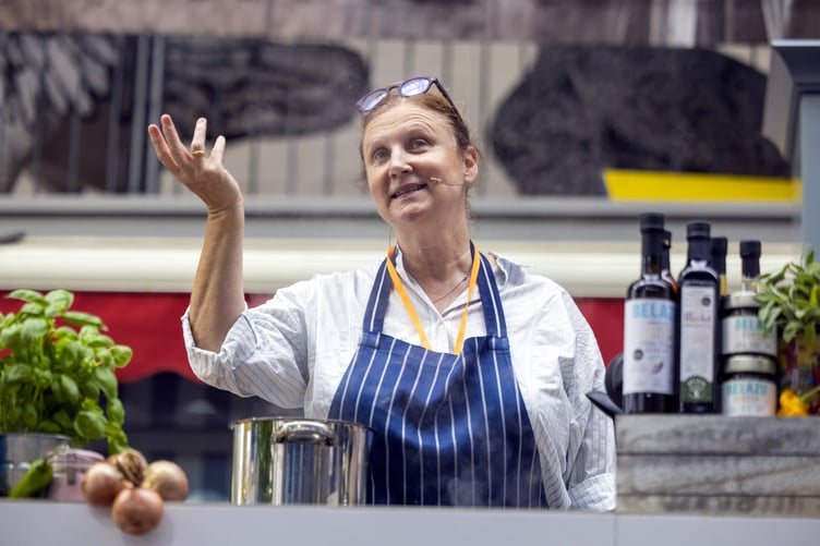 Michelin-starred chef Angela Hartnett OBE on the market hall stage.