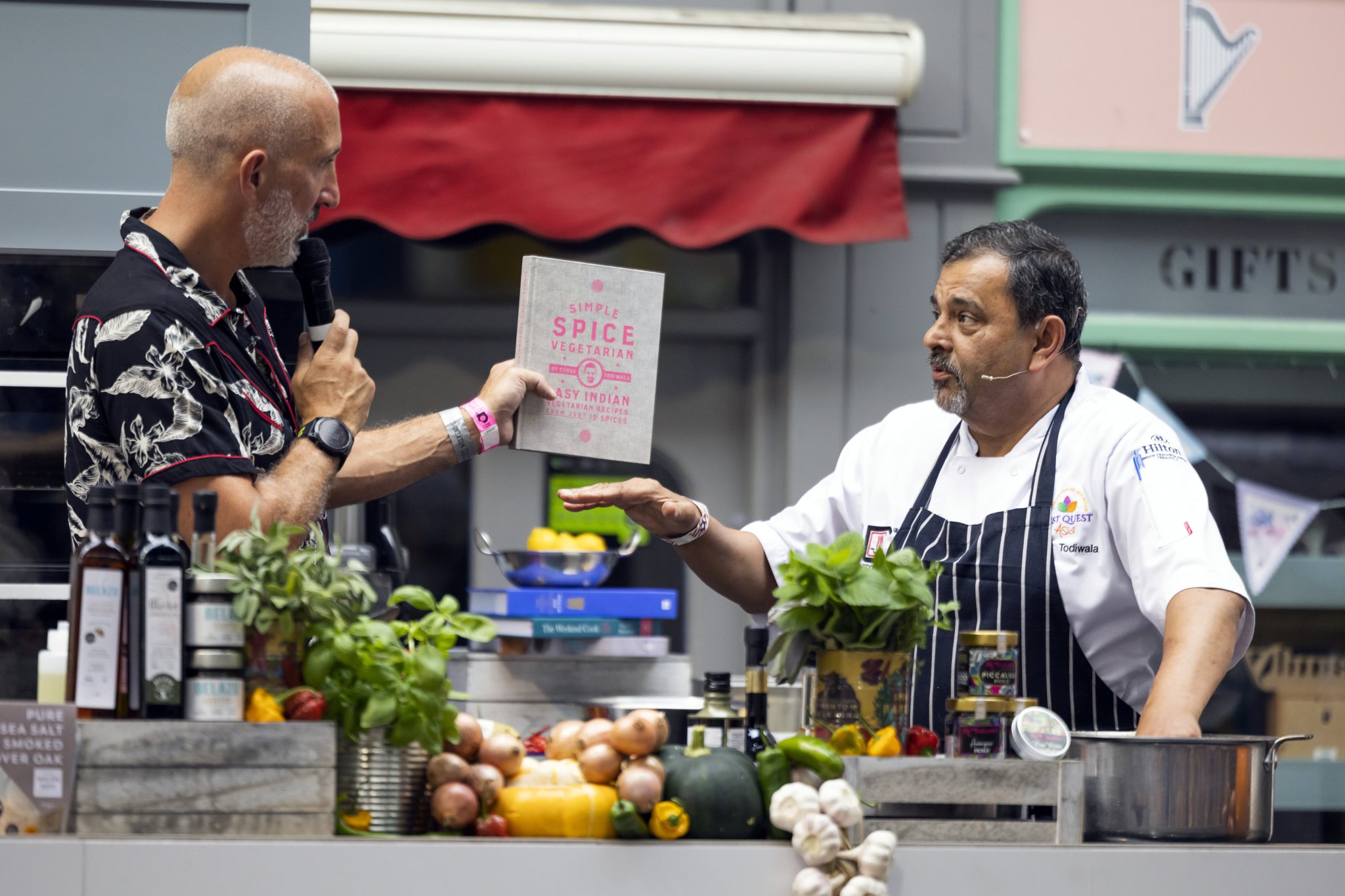 Chef proprietor and elebrity television chef Cyrus Todiwala (right) on the Robert Price Kitchens Stage.