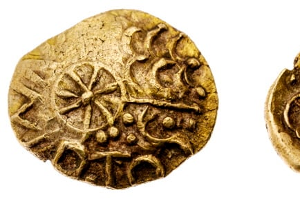 The cerca 50 BC gold coin found in a Hampshire field. .Photo released September 10 2023. See SWNS story SWMRcoin.The name of a new Iron Age English ruler or king has been discovered on a coin found in a Hampshire field.Dating from around 50 BC the gold coin is stamped with the name Esunertos, a previously unrecorded Iron Age ruler.The find has been described by experts as "one of the outstanding discoveries of recent decades".The coin, around the size of a fingernail,  was dug up by a metal detector in a farmer's field in March this year.
