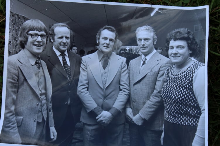 Taken at the club’s third annual dinner and dance, left to right, Roger Hill (treasurer), Robert Mortimer of Uton Barton where the Club still meets, Derek Conibear (chairman), guest speaker Donald Ladd and Mrs Gwen Hill (secretary). SR 8985