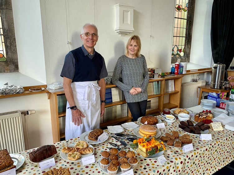 Volunteers, Peter Hammond and Shirley Lawrence at the Calstock Arts coffee morning.