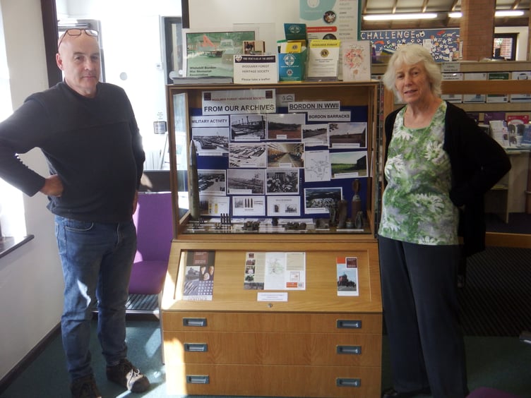 Chris Abraham (left) and Chris Wain with the Woolmer Forest Heritage Society display at Bordon Library