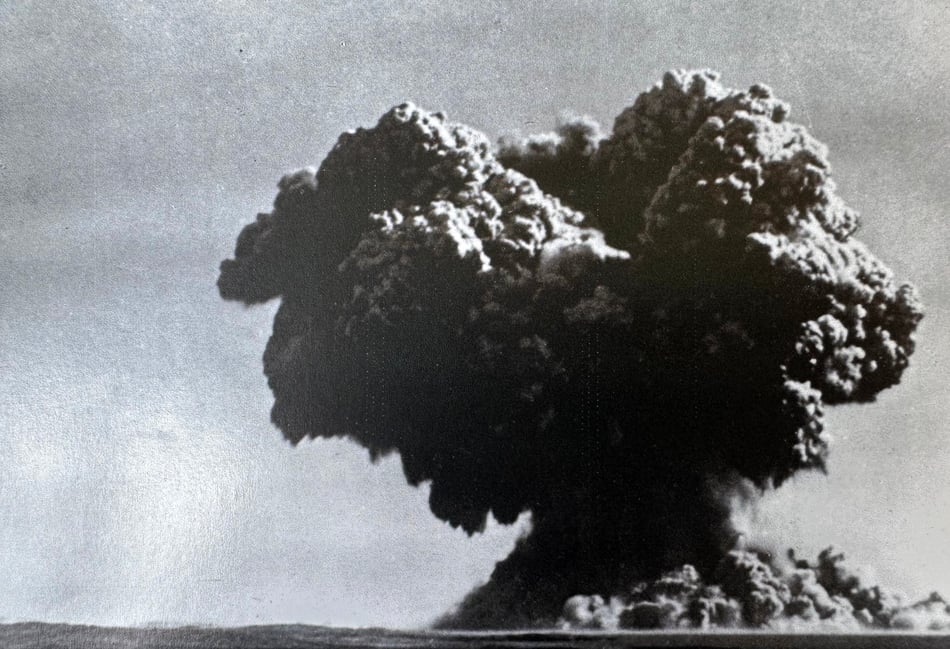 <p>The mud-laden cauliflower explosion from Britain’s first atomic test in Montebello Islands, Western Australia, on October 2, 1952</p>