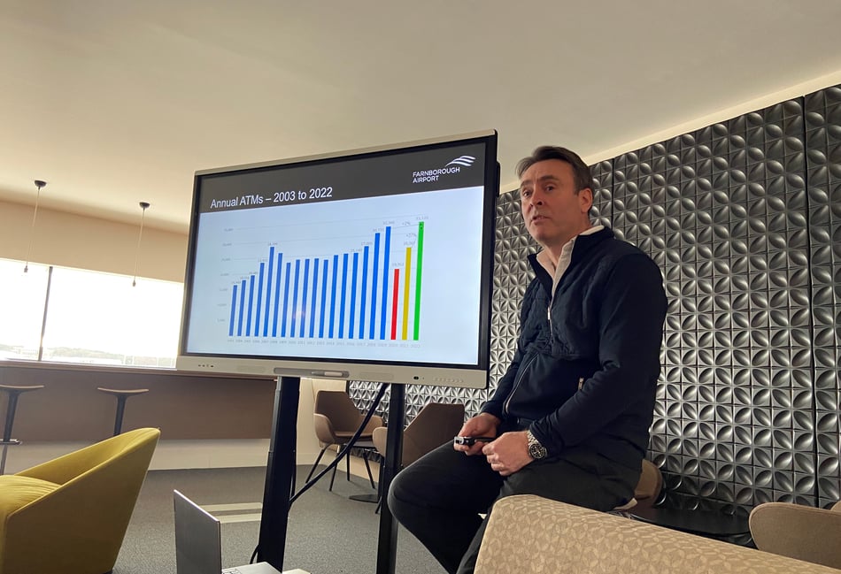 <p>Farnborough Airport CEO Simon Geere addresses members of the national and local press in February – when the airport’s bold expansion plans were first hinted at...</p>