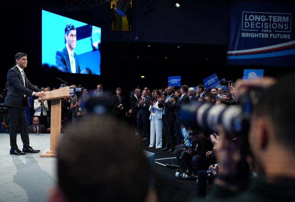 <p>Prime Minister Rishi Sunak delivers his speech to the Conservative Party Conference in Manchester</p>