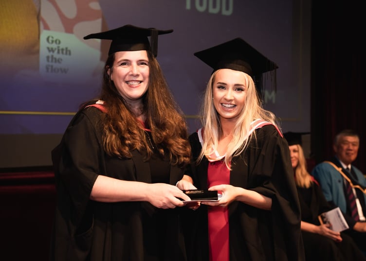 UCM Principal, Jesamine Kelly and Emily Todd (right), recipient of the 2023 Liam Arrowsmith Higher Education Student of the Year Award.