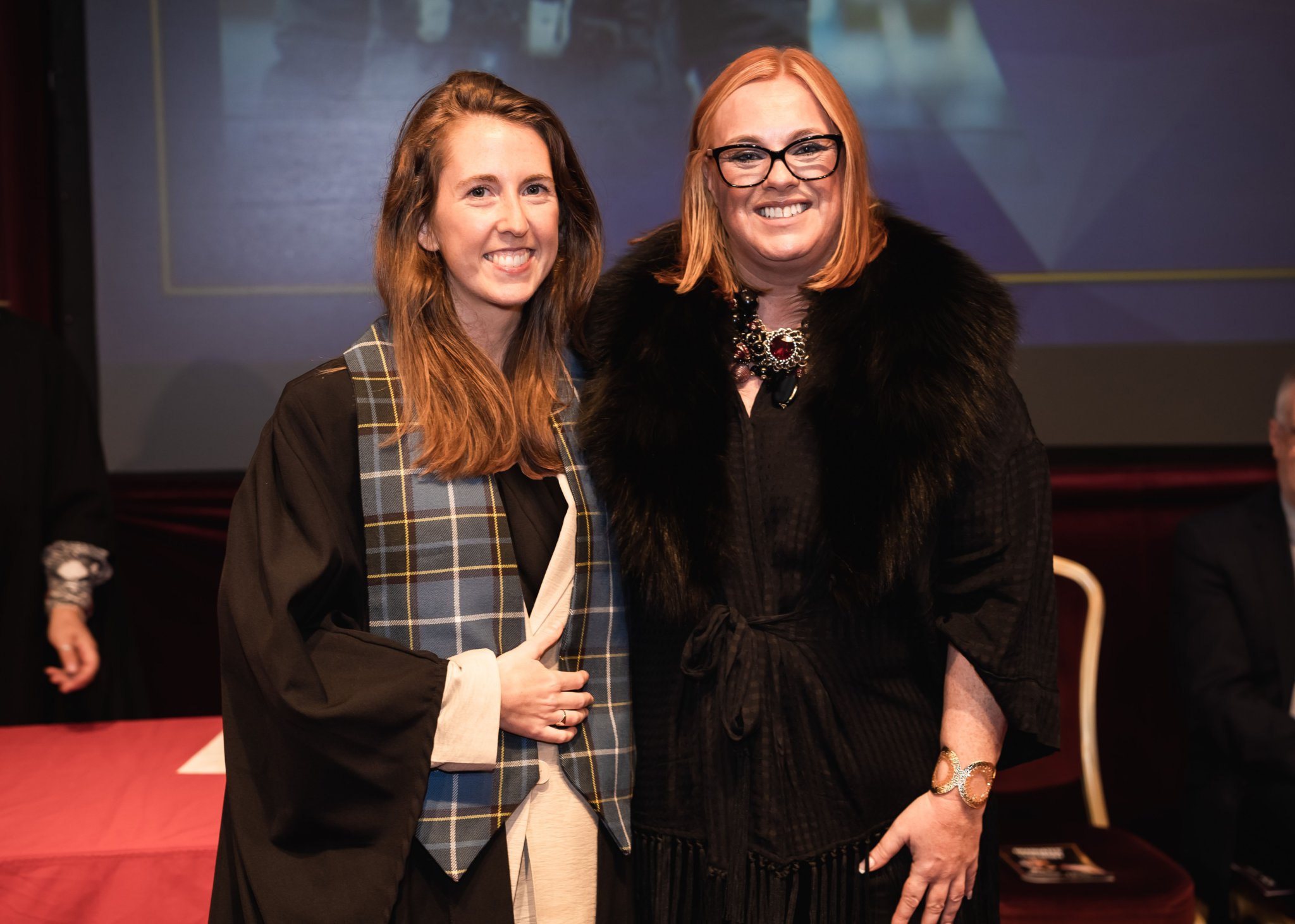 (Left to right) UCM Honorary Fellow, Rachel Miles and Claire Christian MHK, who delivered a speech introducing Rachel to the stage