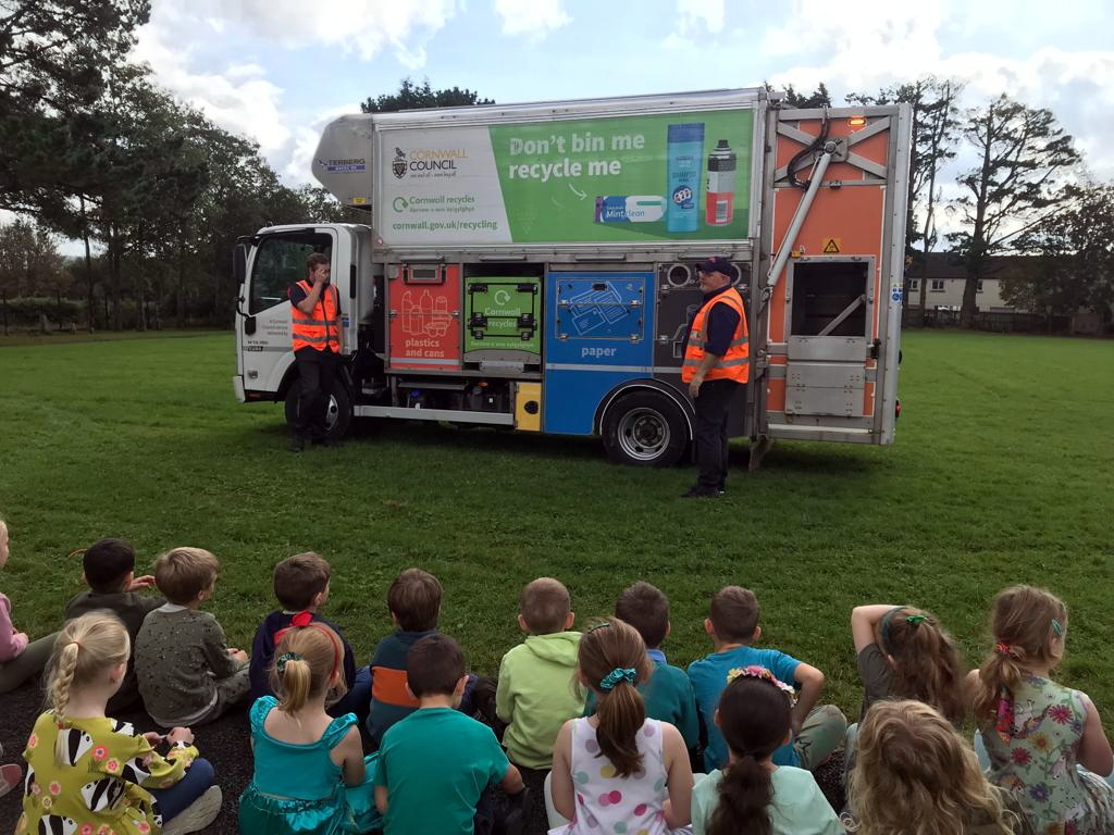 Students learning all about how the Biffa truck works
