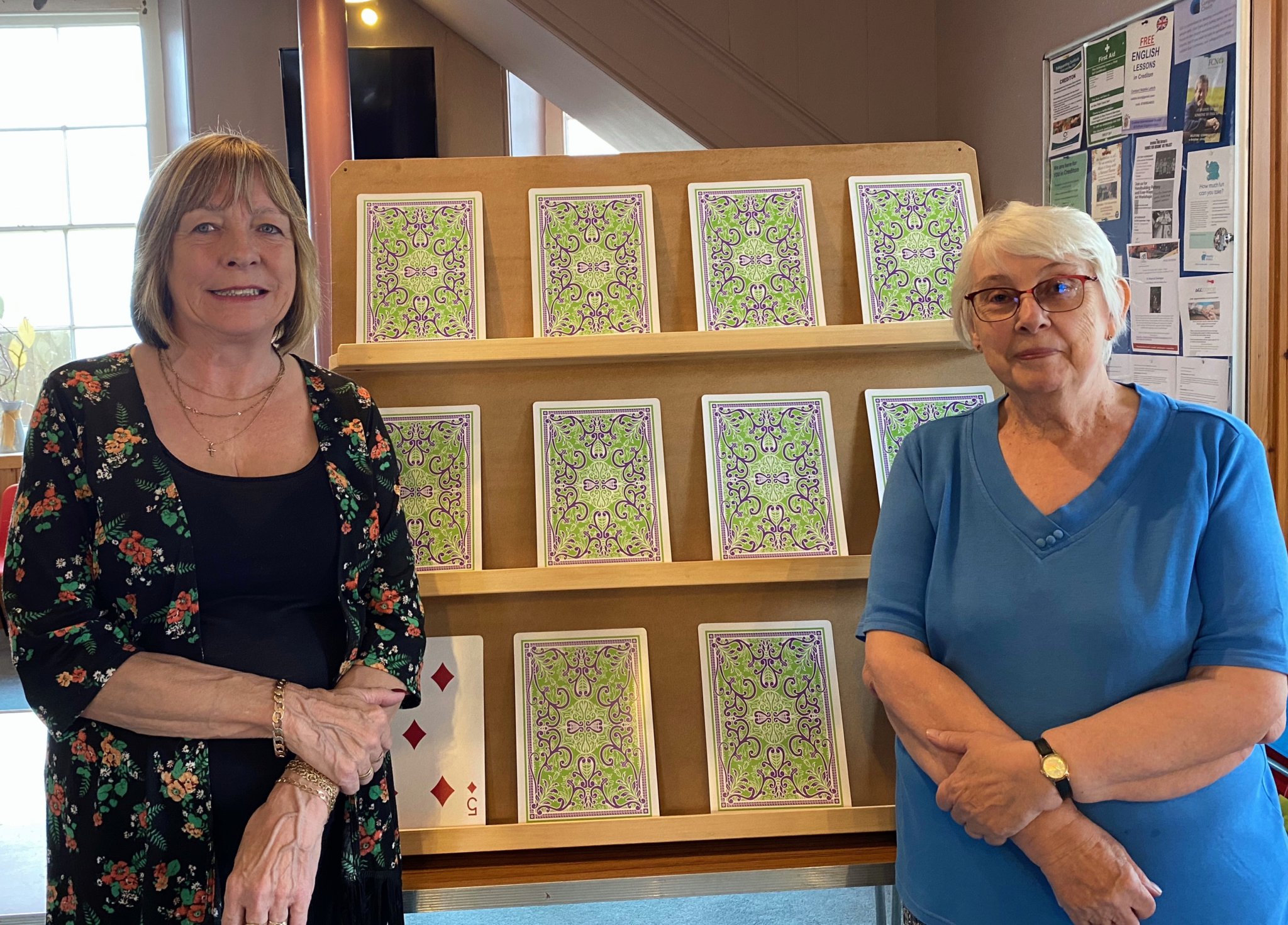 Karen and Irene with the ‘Play Your Cards Right’ board at Crediton Congregational Church. NP 121023 01
