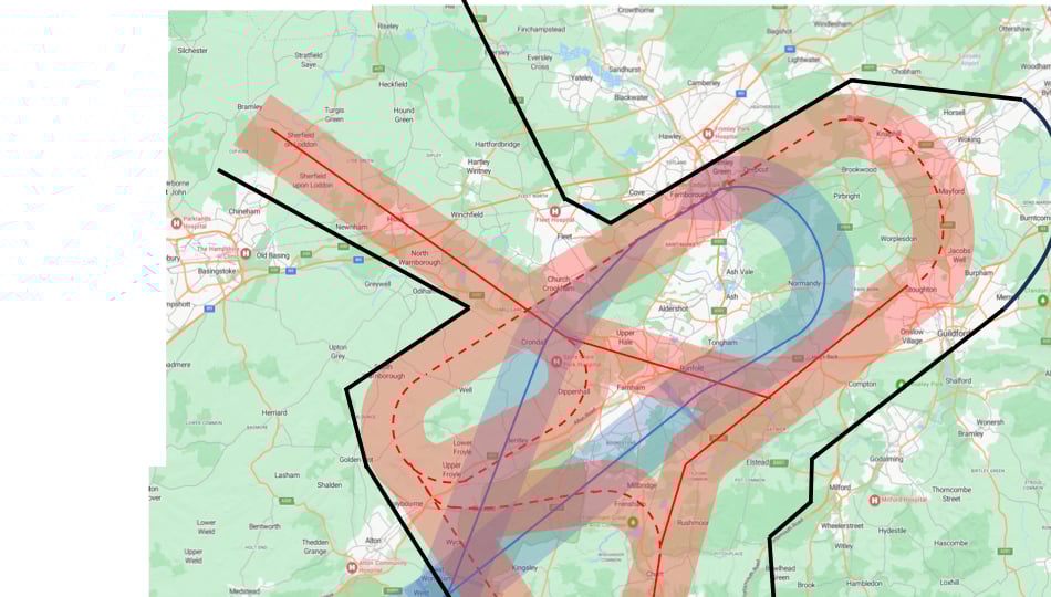 <p>New, defined flight tracks for incoming and outgoing Farnborough Airport flights were implemented in 2019 – and have been blamed for a huge increase in over-flights for some rural areas and villages</p>