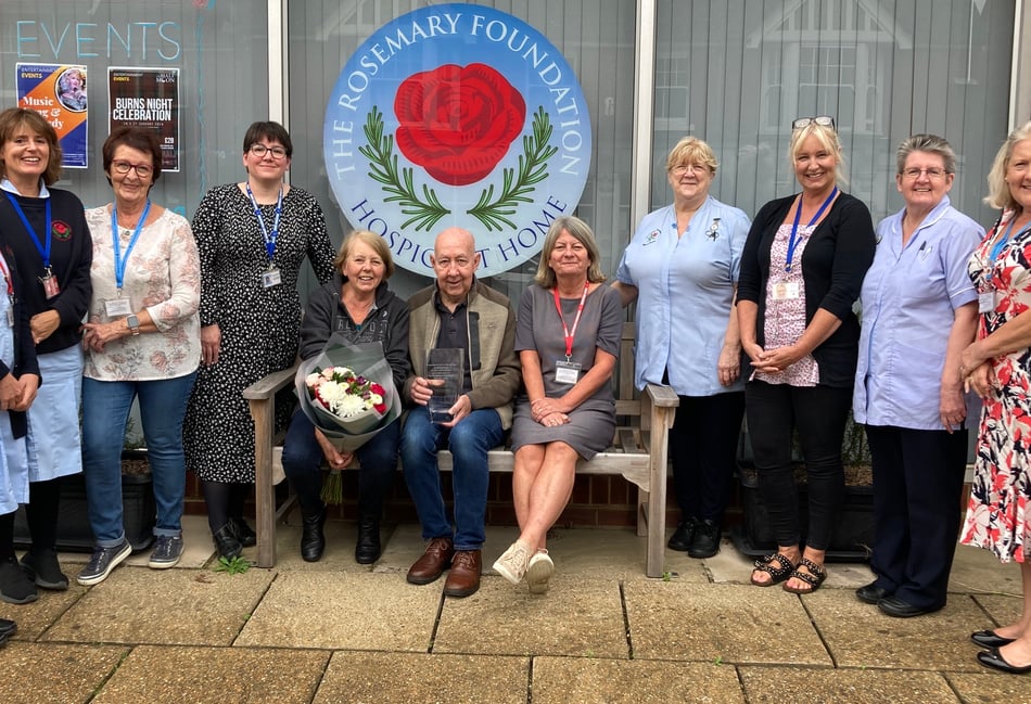 <p>Gill and Bob Elmer (sitting) were given flowers and an engraved vase by the Rosemary Foundation last week after raising more than £30k for the charity since 2014.</p>
