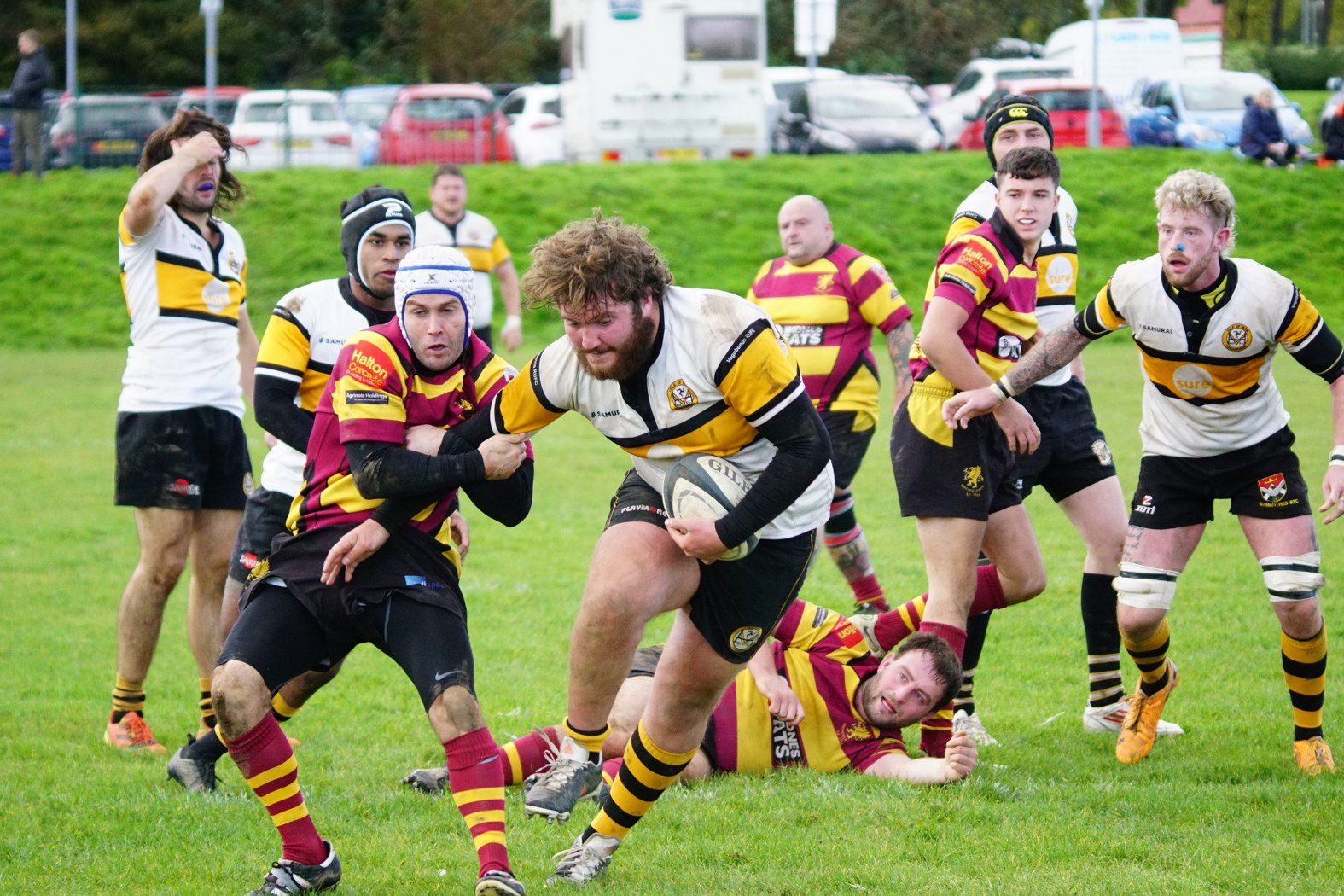 Vagabonds’ Mitch Wells wrestles away from Birchfield’s defence during Saturday’s Counties Four ADM Lancs/Cheshire clash at Ballafletcher which the hosts won 24-14 (Photo: John Liver)